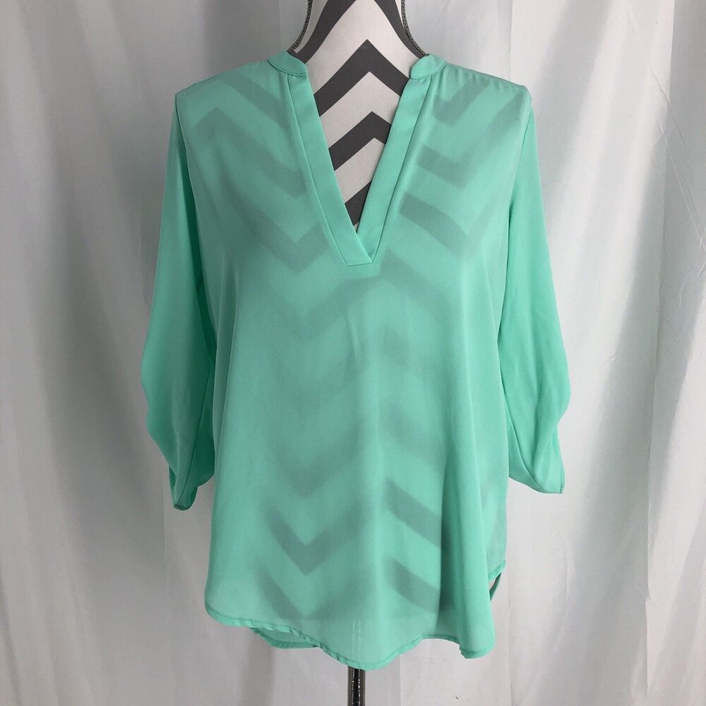 LUSH V-Neck Roll Tab Sleeve Mint Green Pullover Sheer Blouse Women's Small